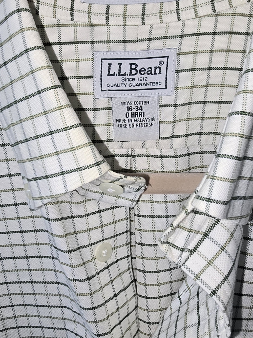 L.L. Bean White Button-Up Shirt with Green Windowpane Check